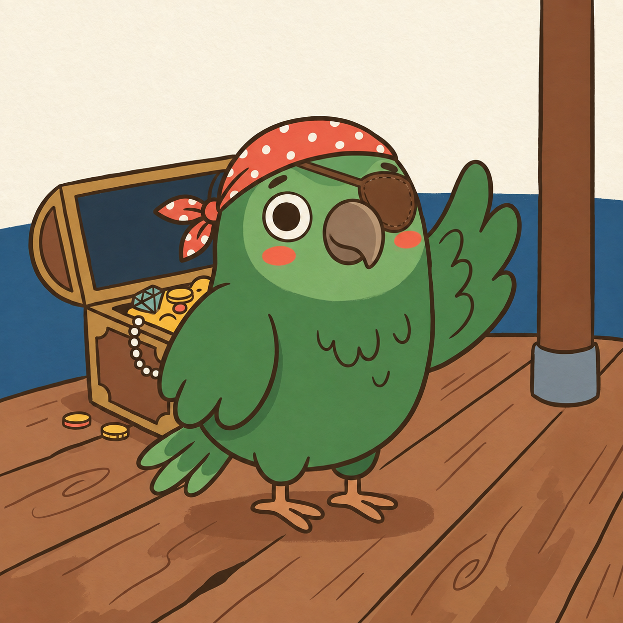 Percy the pirate parrot with an eye patch correctly covering one eye